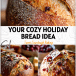 Freshly baked cranberry orange sourdough bread with golden crust and festive holiday appeal on a wooden board. 26